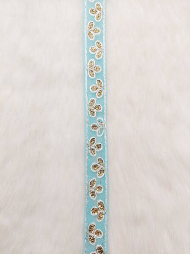 Wholesale Sky Blue Net Lace Floral Embroidery & Glitter Gold Sequins, Indian Wedding Border, Gifting Ribbon Costume Trim Fashion Trimming